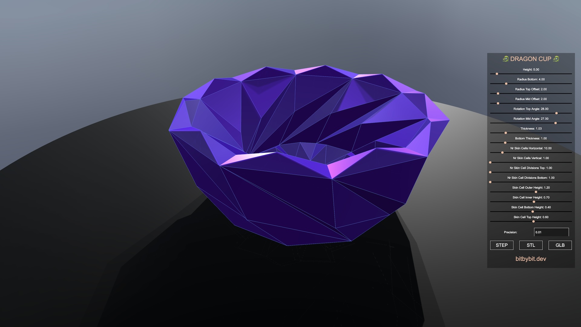 Small twisted dragon cup with single vertical subdivision