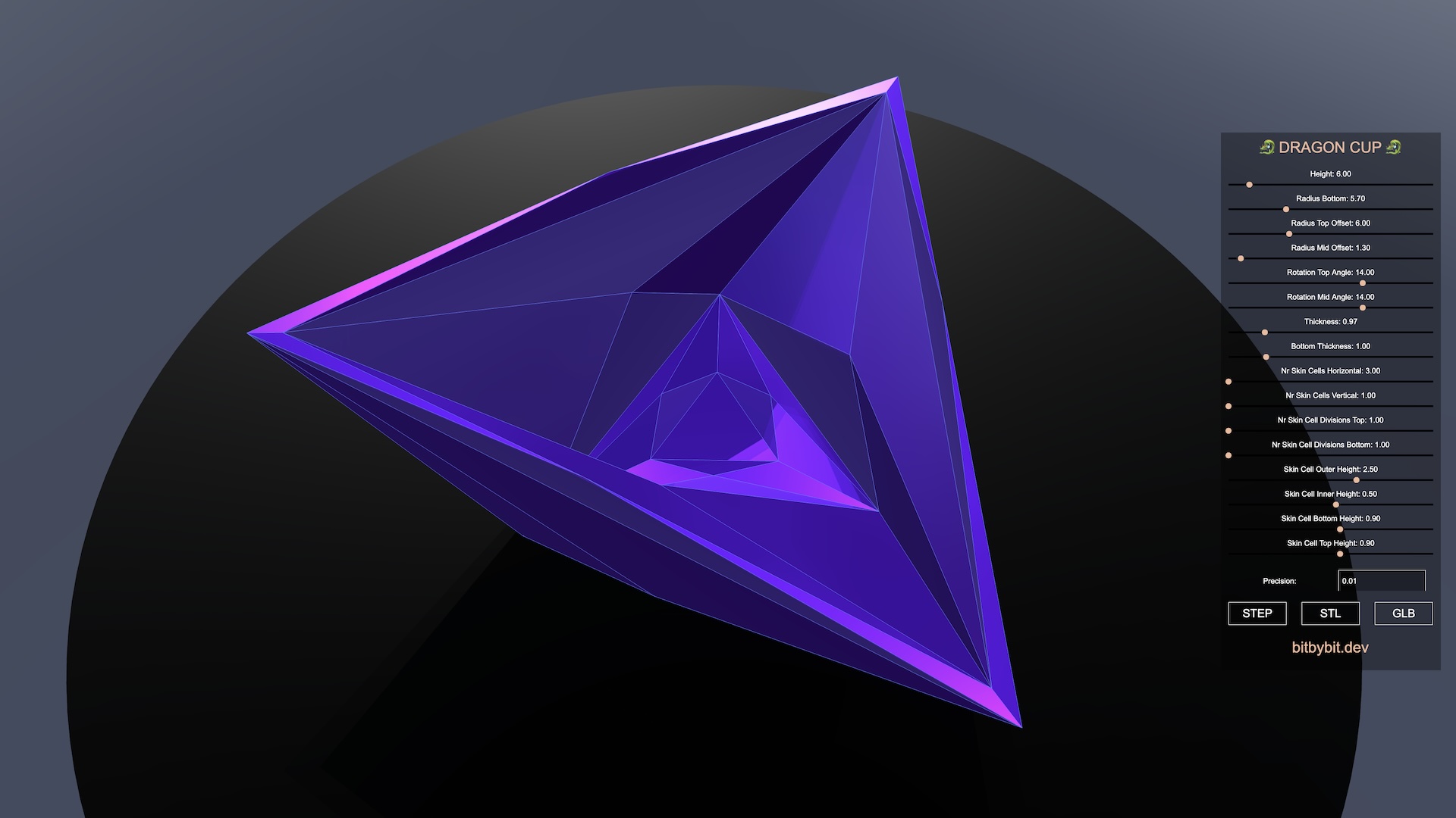 side perspective view of the cup design that fits a basic triangle and has fantastic kaleidoscopic effect