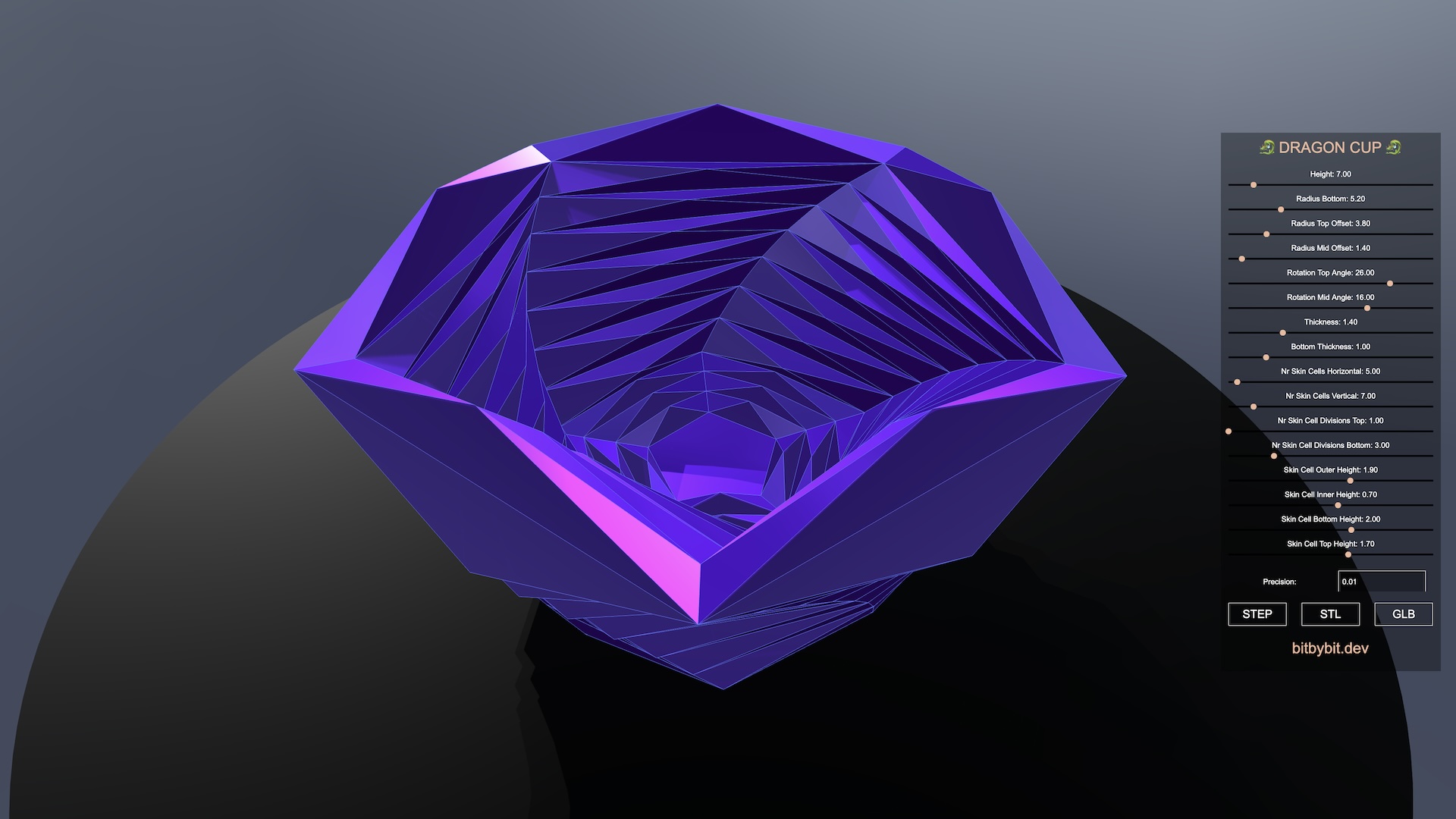 kaleidoscopic dragon cup effect with twisting triangulated structures side view