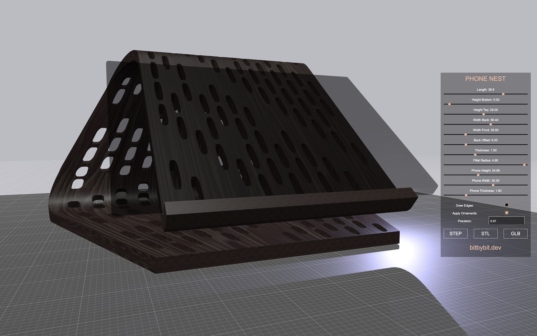 The laptop nest holder 3D model front view picture of wide thick configuration with ornaments