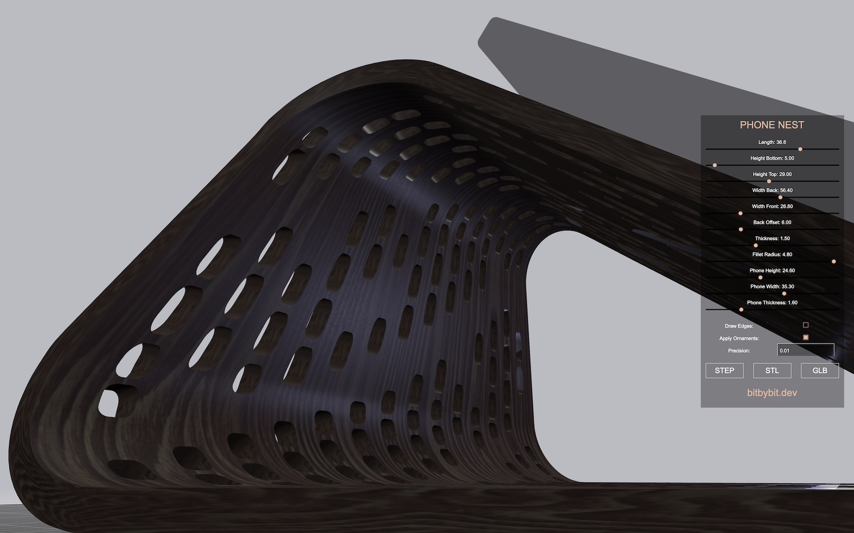 The tablet nest holder 3D model right side view close up picture of wide back configuration with ornaments