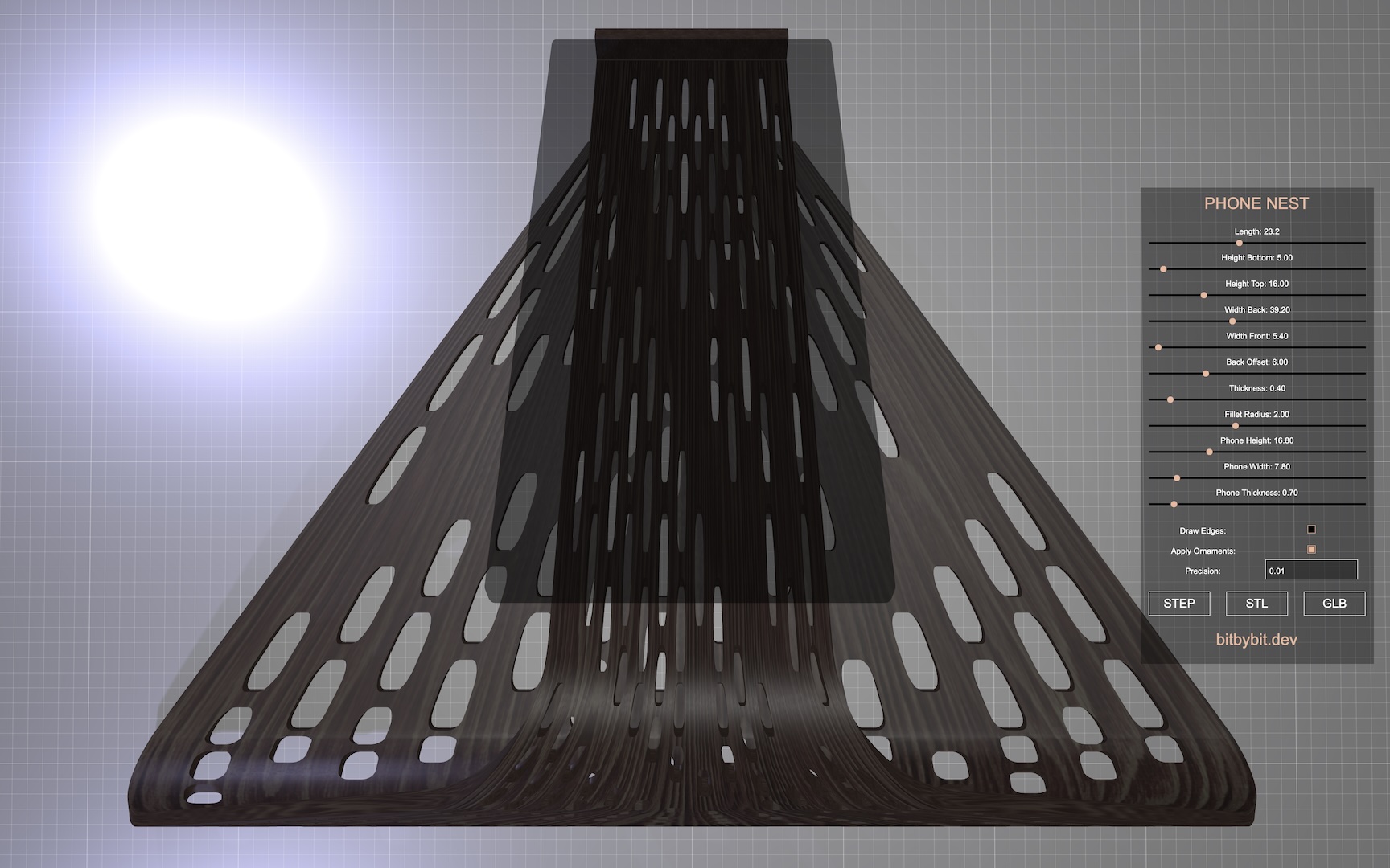 The phone nest holder 3D model top view picture of wide back dimension