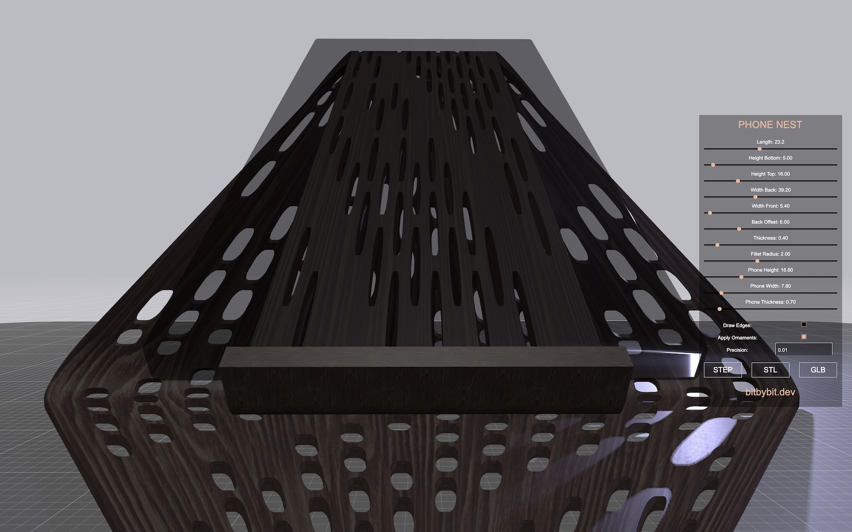 The phone nest holder 3D model front close up view picture of wide back dimension