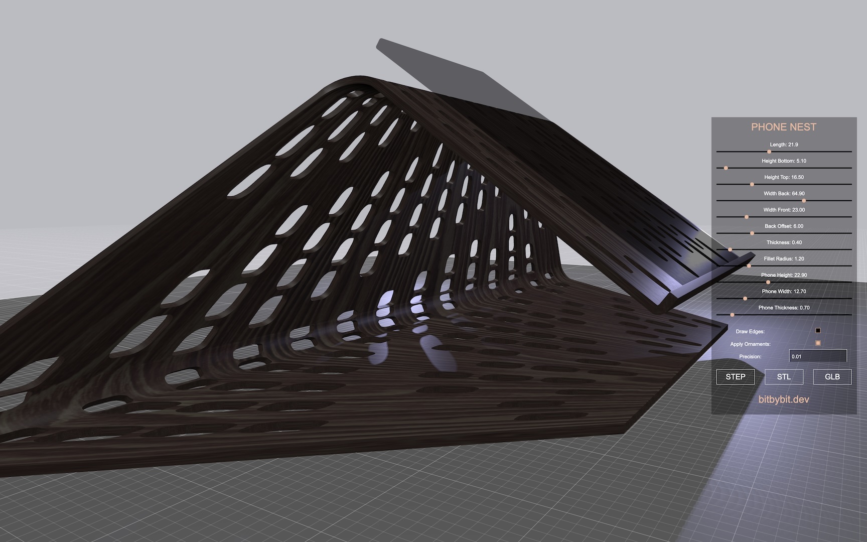 The tablet nest holder 3D model side view picture of wide back configuration with ornaments