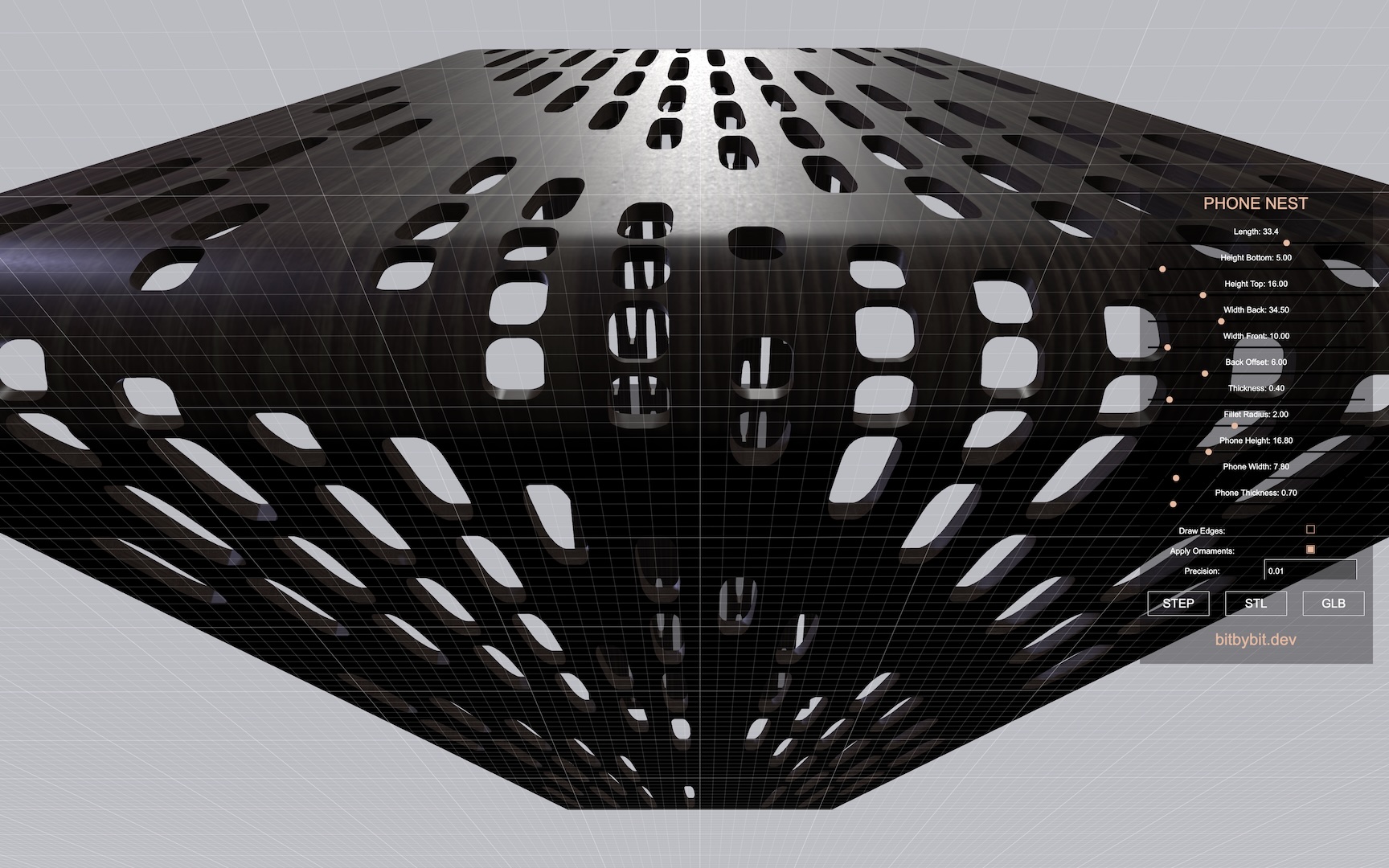 The phone nest holder 3D model bottom view close up picture of wide back configuration with ornaments