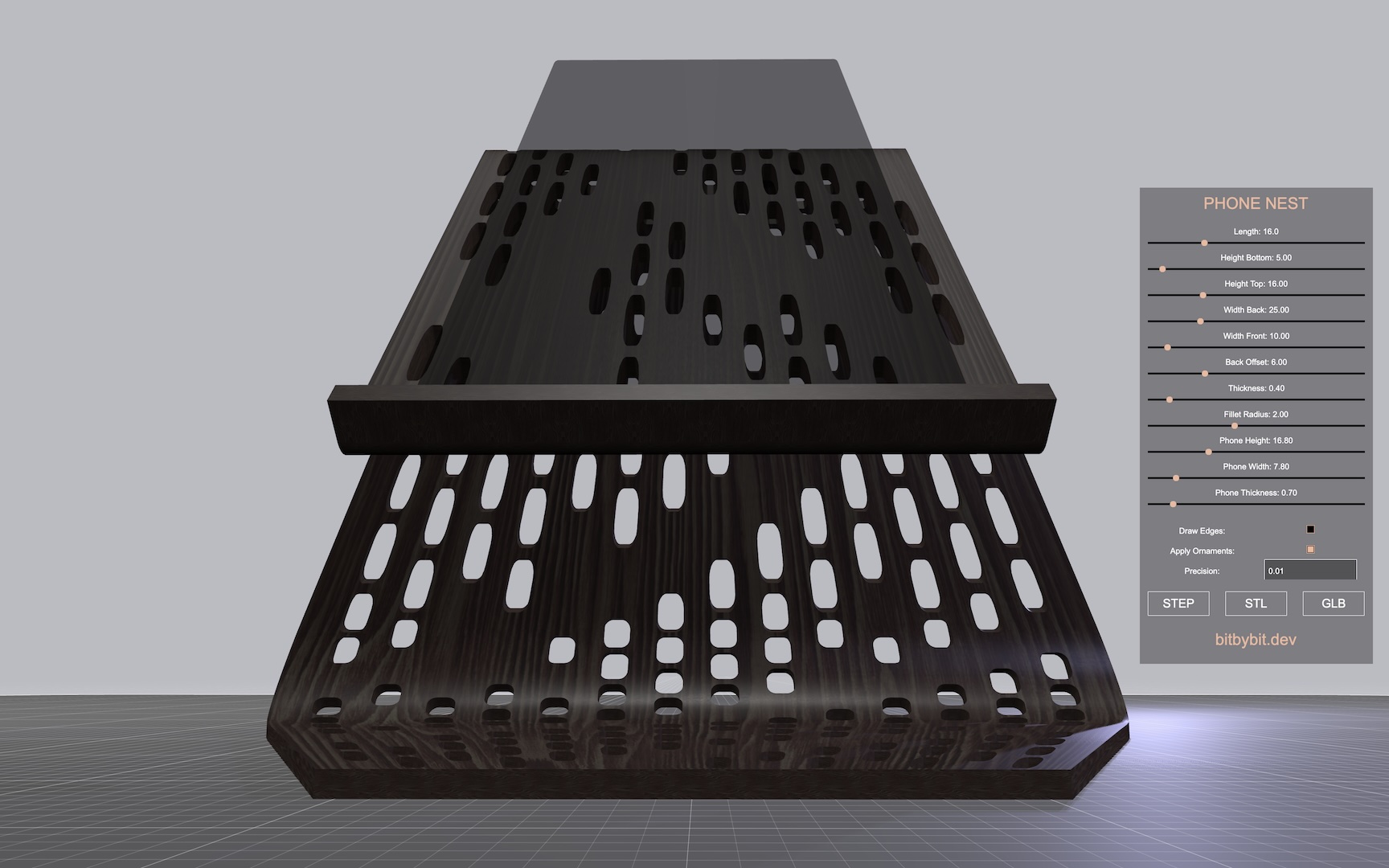 The phone nest holder 3D model front view close up picture of narrow configuration with ornaments