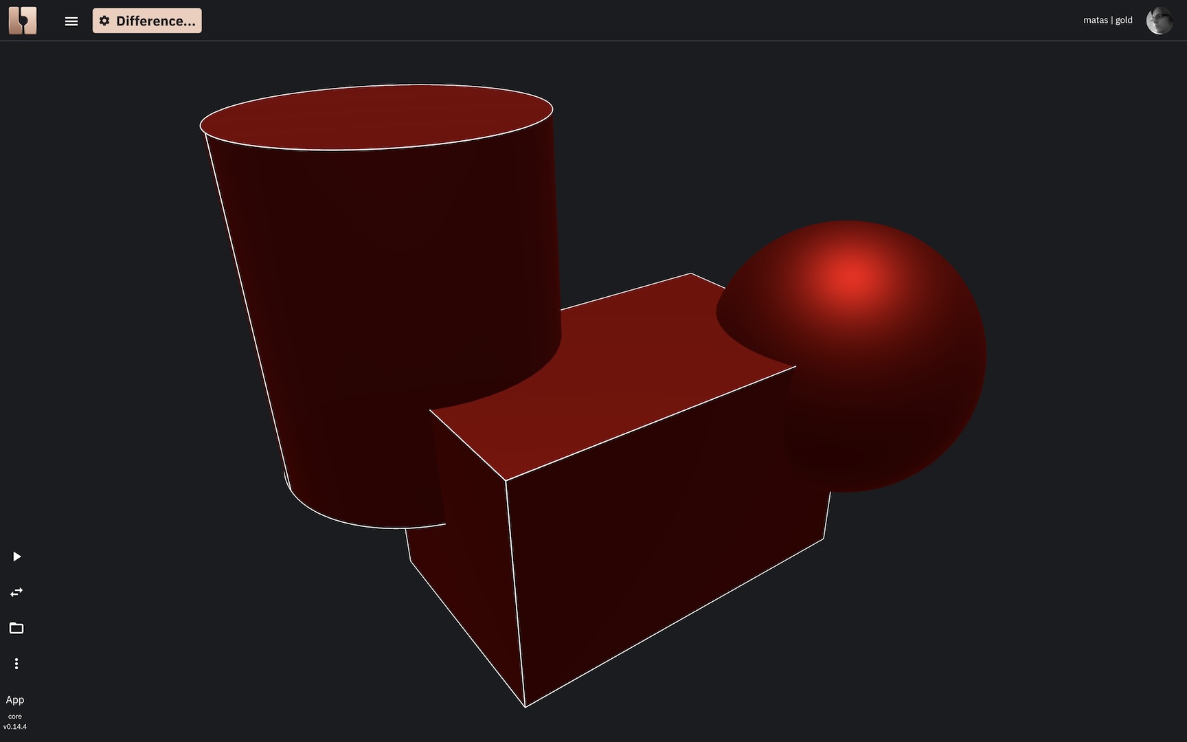 Three overlapping shapes (a box, cylinder, and sphere) before a difference operation.