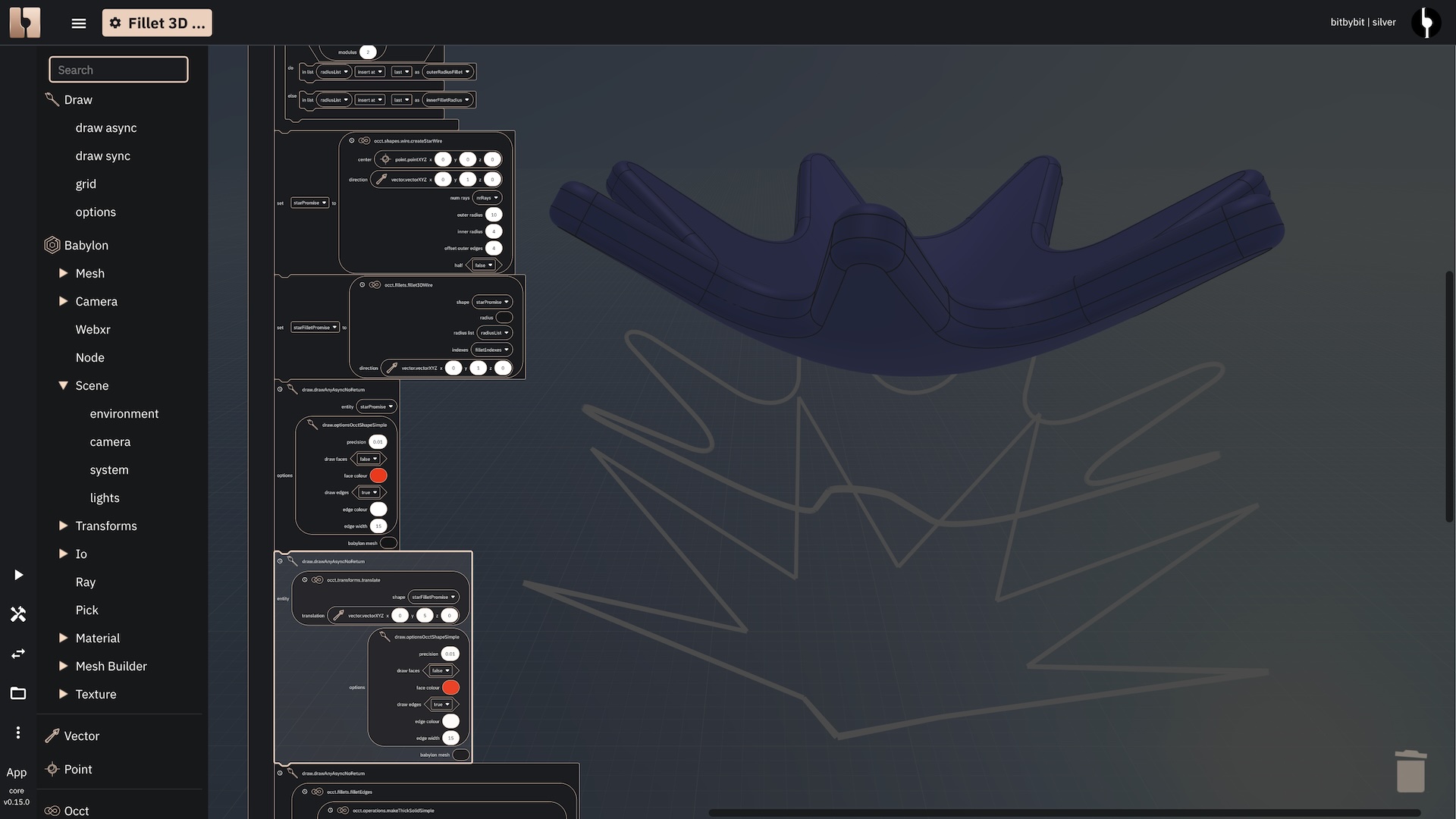 Blockly editor showing the 3D star wire with filleted corners.