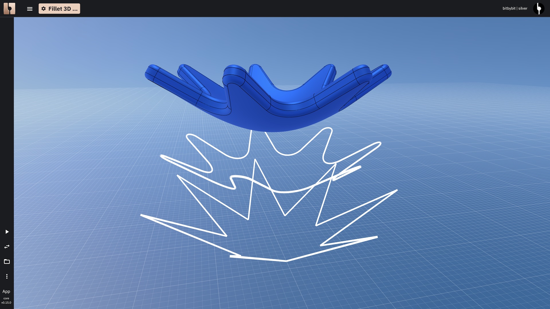 A 3D wire (e.g., a star shape extruded slightly and then its top edges filleted) showing rounded corners in three-dimensional space.