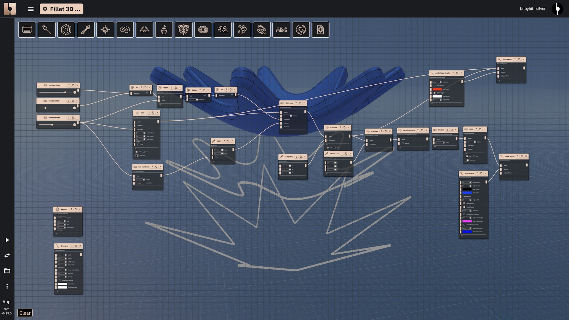 Rete editor showing the 3D star wire with filleted corners.