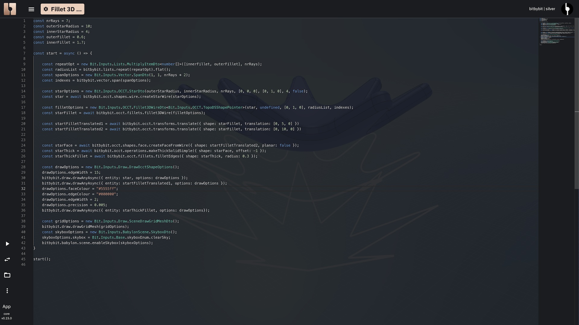 TypeScript editor showing the 3D star wire with filleted corners.