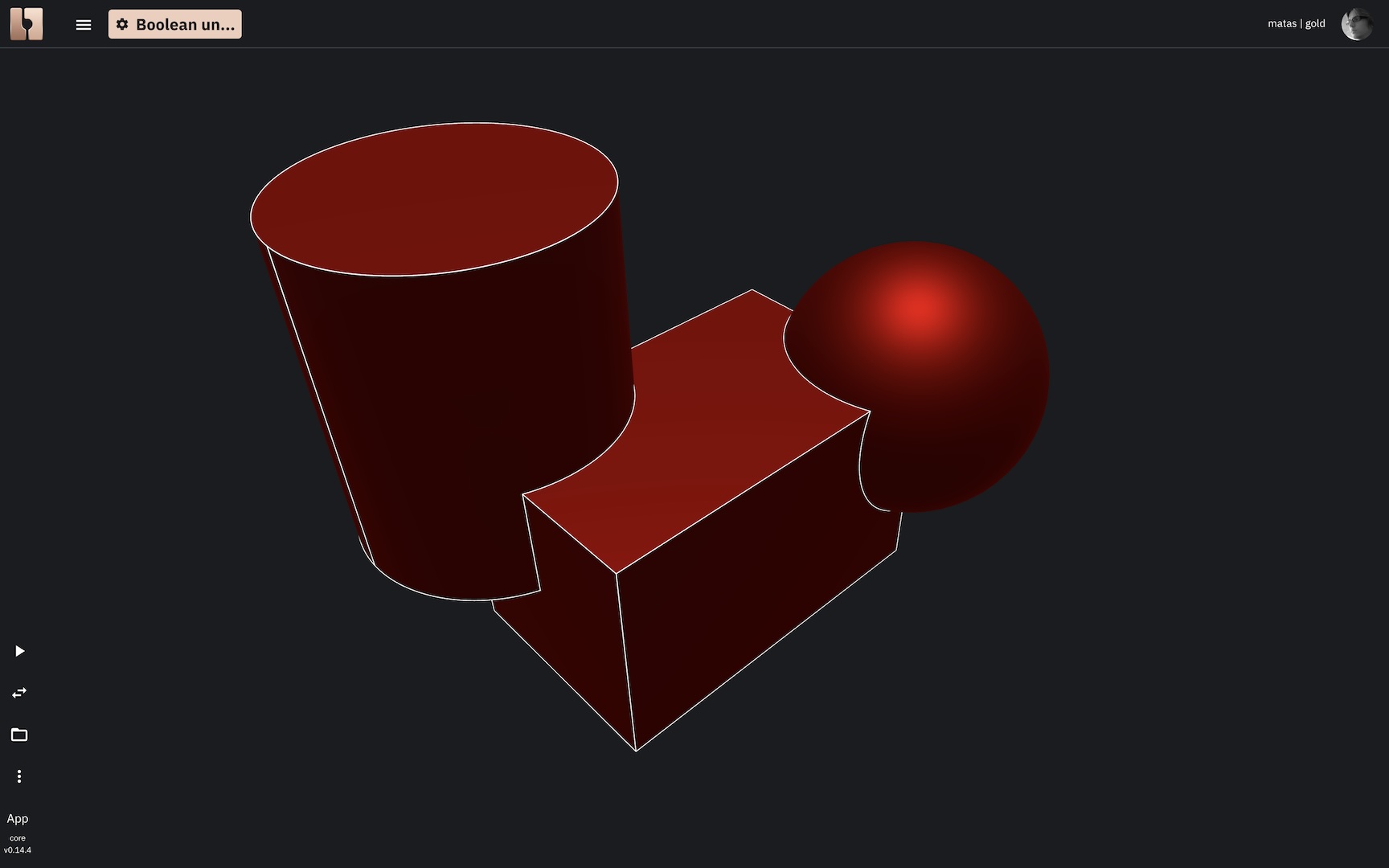 A single solid shape resulting from the union of the three previous solids, with new edges formed at the intersections.