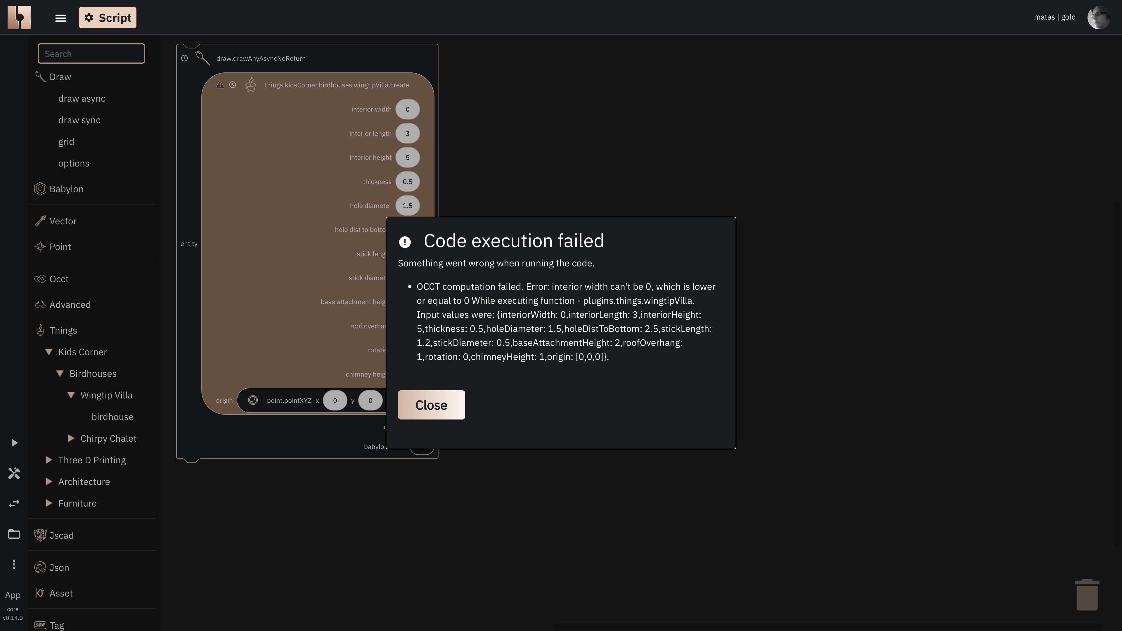 An error modal in Blockly, listing errors that occurred after running the script.
