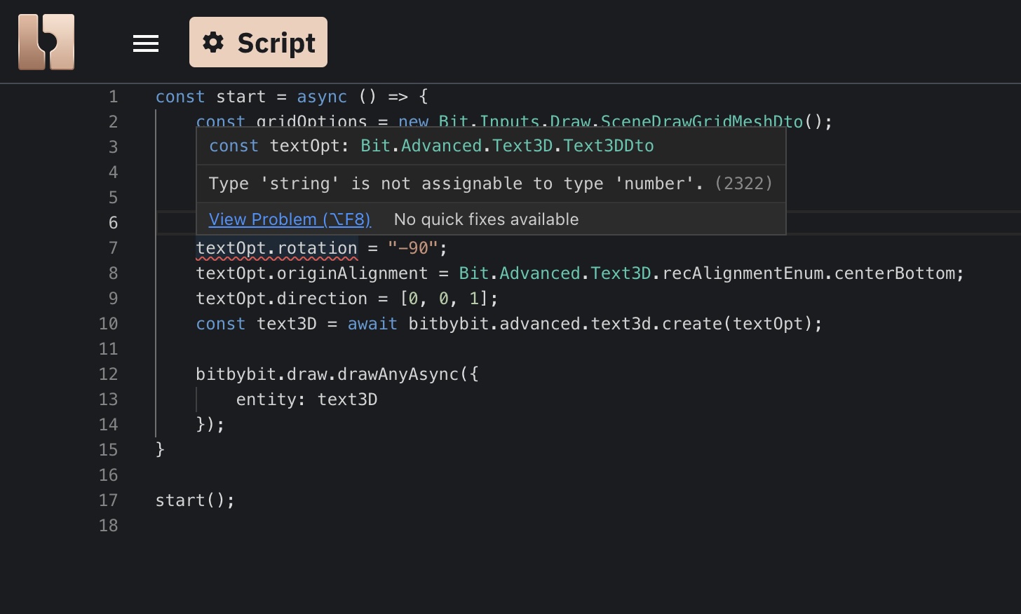 The Monaco editor showing TypeScript code with a red underline, indicating an error, and a tooltip with the error message.