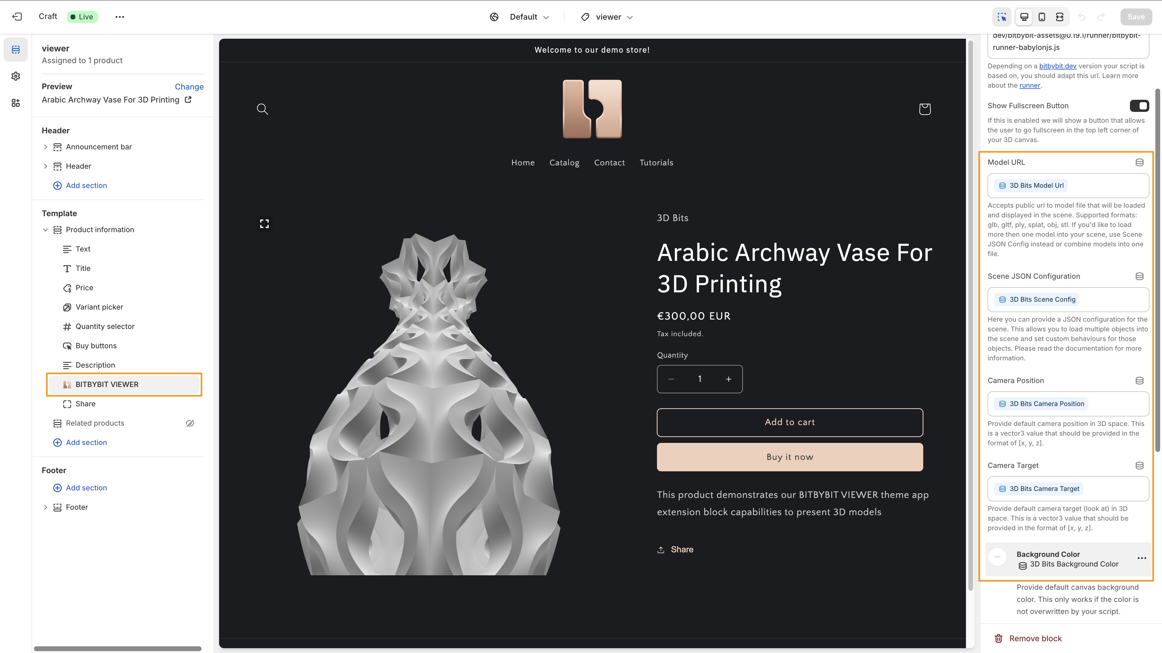 Shopify theme editor showing the configuration options for the BITBYBIT VIEWER theme app extension block, including dynamic links for 3D model URLs.