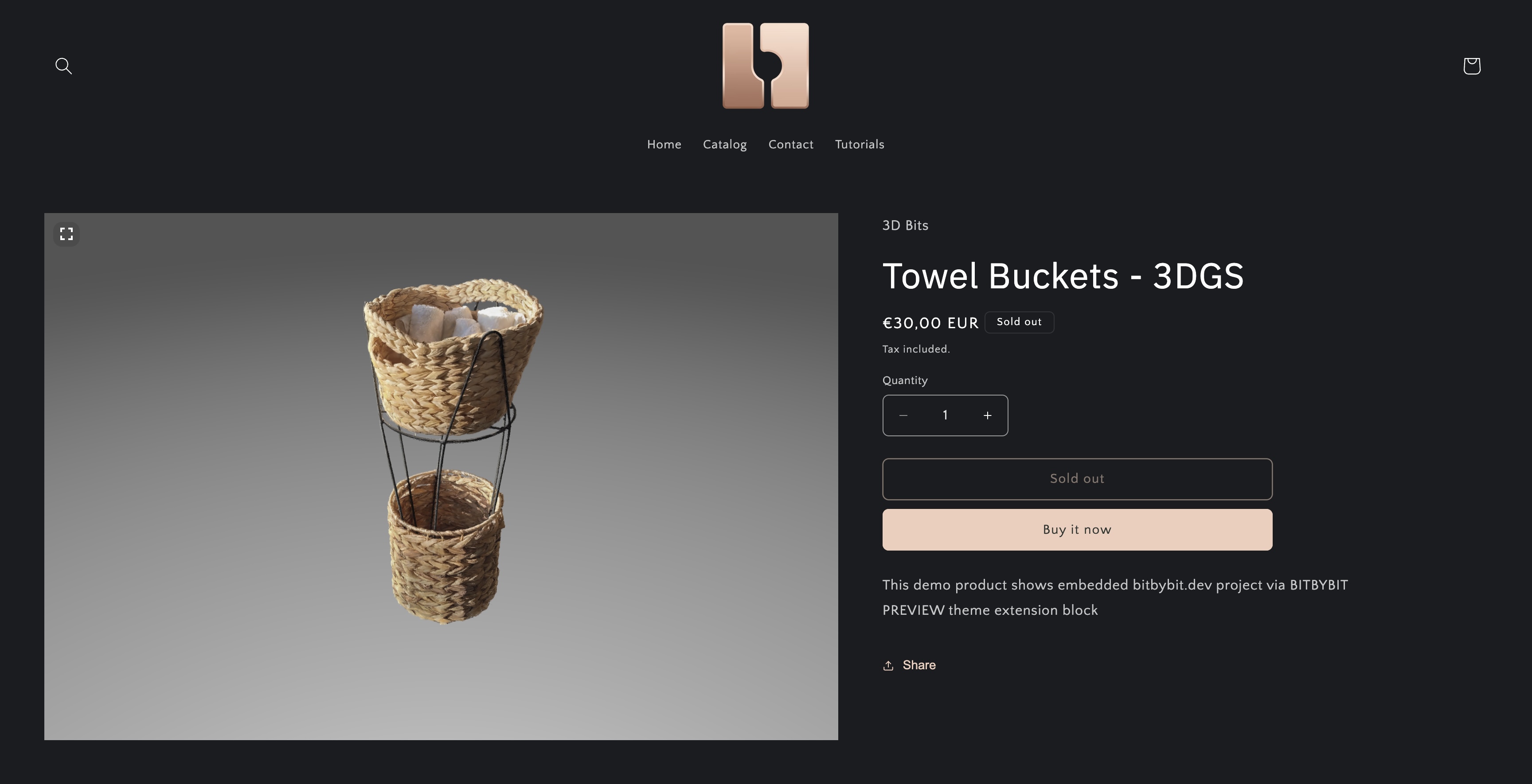 3D Bits app for Shopify was updated to embed preview links to public bitbybit.dev scripts 3D Bits app for Shopify was updated to embed preview links to public bitbybit.dev scripts, showcasing a 3D towel and bucket model.