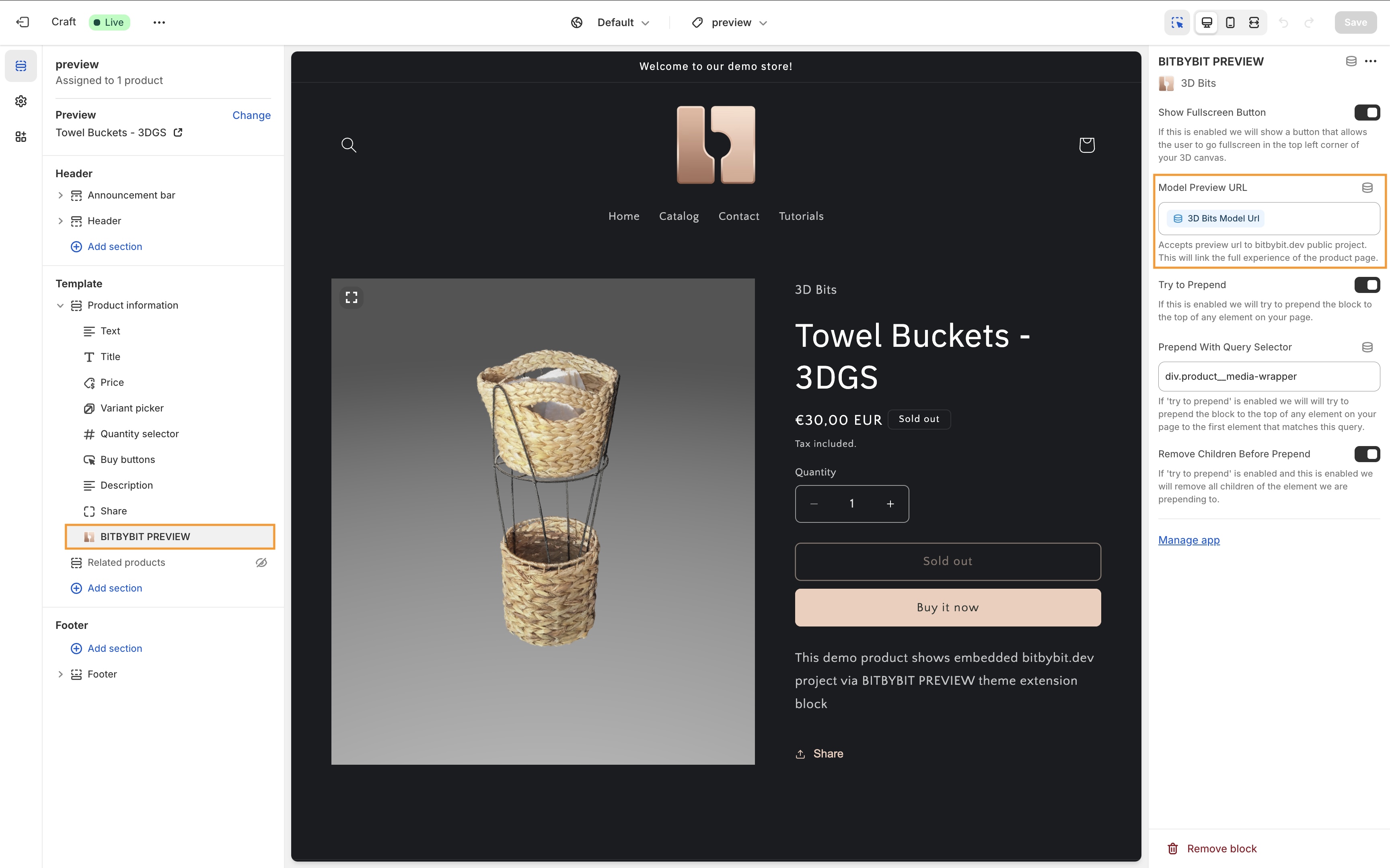 Shopify theme editor showing the configuration options for the BITBYBIT PREVIEW theme app extension block, typically requiring a single URL to a public Bitbybit.dev project.
