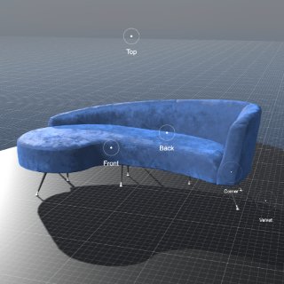 Velvet blue sofa with points of interest picture
